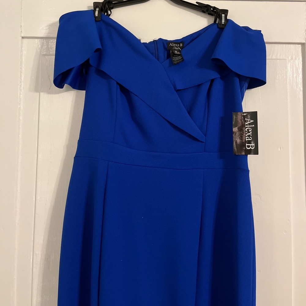 Alexa B Nites Royal Blue Off The Shoulder Dress With Slit.